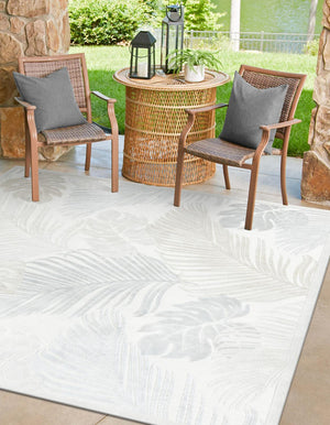 Gray 8' 2 x 8' 2 Outdoor Botanical Square Area Rug Weather Resistant for Patio, Deck, Terrace, Balcony, Porch Polypropylene Garden Floral Tropical Carpet for Sale at Rug Engine