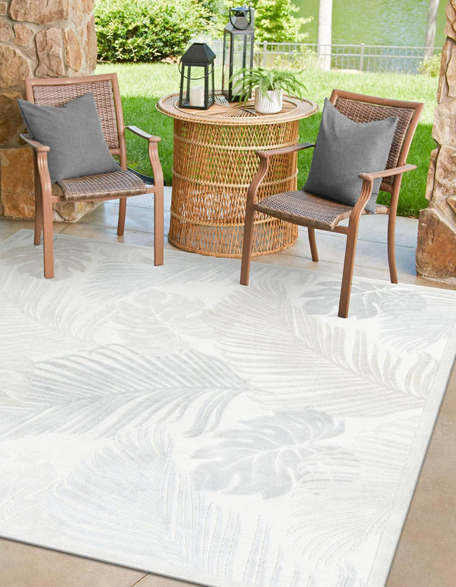 Gray 8' 2 x 8' 2 Outdoor Botanical Square Area Rug Weather Resistant for Patio, Deck, Terrace, Balcony, Porch Polypropylene Garden Floral Tropical Carpet for Sale at Rug Engine