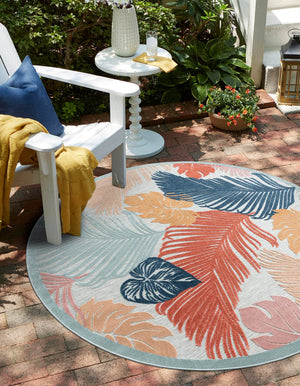 Multicolor 8' 2 x 8' 2 Outdoor Botanical Round Area Rug Weather Resistant for Patio, Deck, Terrace, Balcony, Porch Polypropylene Garden Floral Tropical Carpet for Sale at Rug Engine