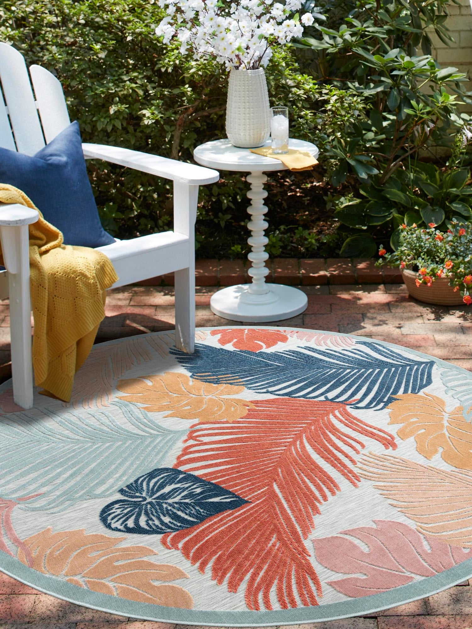 Multicolor 8' 2 x 8' 2 Outdoor Botanical Round Area Rug Weather Resistant for Patio, Deck, Terrace, Balcony, Porch Polypropylene Garden Floral Tropical Carpet for Sale at Rug Engine