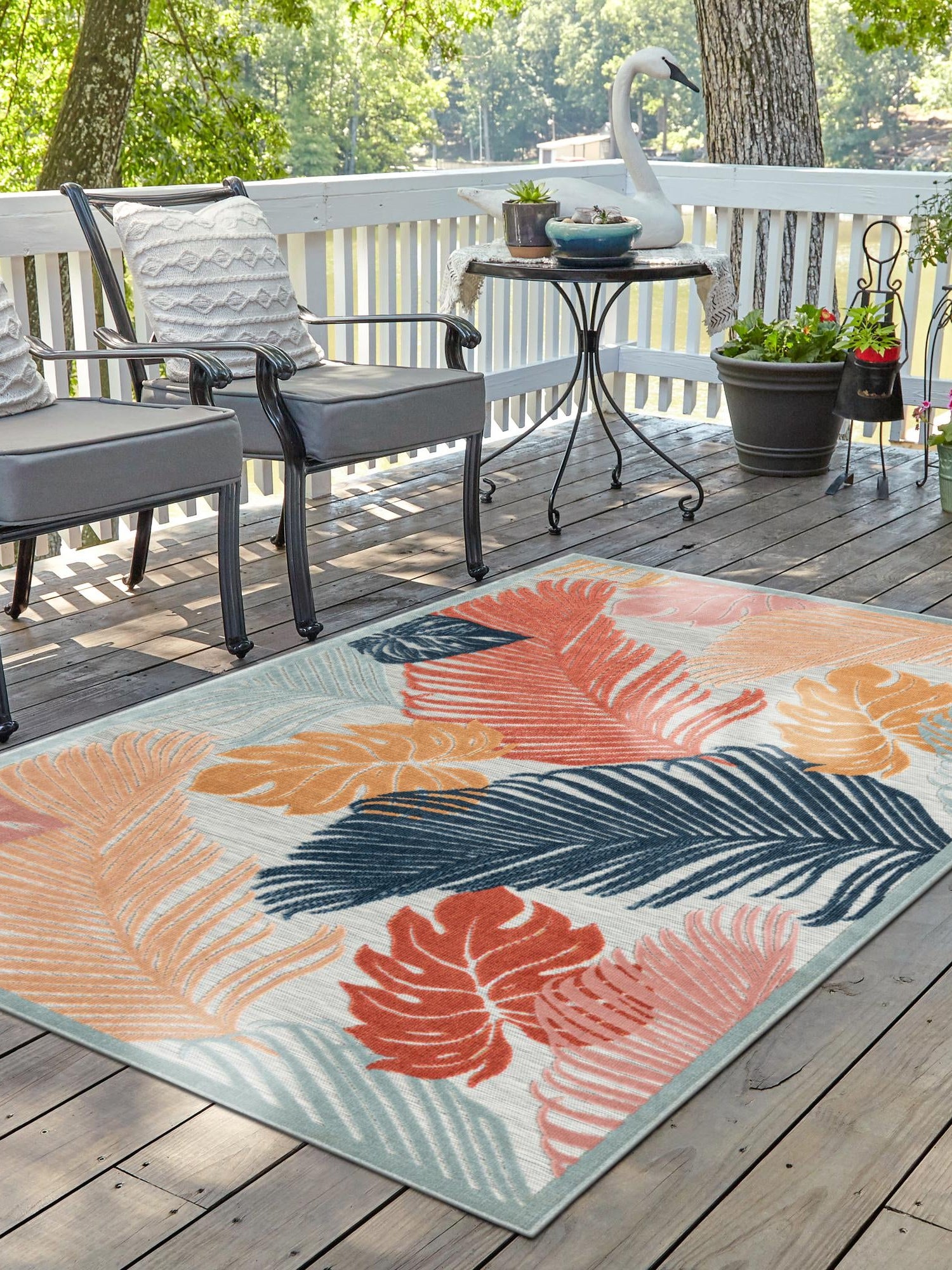Multicolor 4' 5 x 6' 1 Outdoor Botanical Rectangle Area Rug Weather Resistant for Patio, Deck, Terrace, Balcony, Porch Polypropylene Garden Floral Tropical Carpet for Sale at Rug Engine