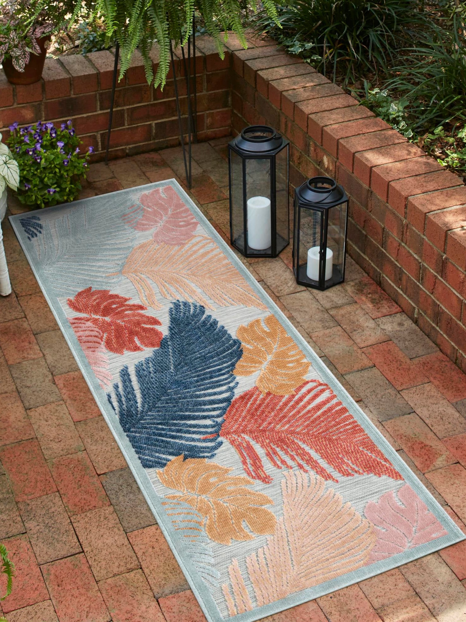 Multicolor 2' 7 x 12' Outdoor Botanical Runner Area Rug Weather Resistant for Patio, Deck, Terrace, Balcony, Porch Polypropylene Garden Floral Tropical Carpet for Sale at Rug Engine