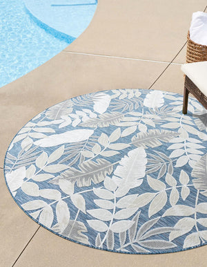Navy Blue 4' 5 x 4' 5 Outdoor Botanical Round Area Rug Weather Resistant for Patio, Deck, Terrace, Balcony, Porch Polypropylene Garden Floral Tropical Carpet for Sale at Rug Engine