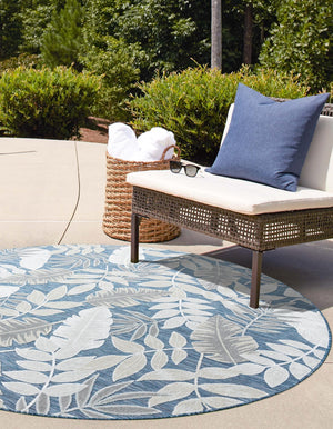 Navy Blue 4' 5 x 4' 5 Outdoor Botanical Round Area Rug Weather Resistant for Patio, Deck, Terrace, Balcony, Porch Polypropylene Garden Floral Tropical Carpet for Sale at Rug Engine