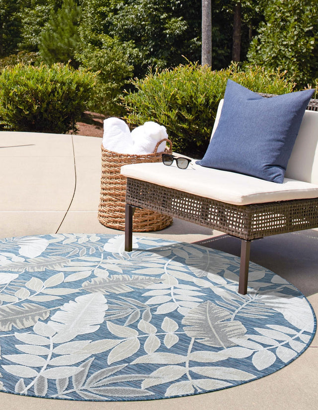 Navy Blue 8' 2 x 8' 2 Outdoor Botanical Round Area Rug Weather Resistant for Patio, Deck, Terrace, Balcony, Porch Polypropylene Garden Floral Tropical Carpet for Sale at Rug Engine