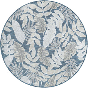 Navy Blue 4' 5 x 4' 5 Outdoor Botanical Round Area Rug Weather Resistant for Patio, Deck, Terrace, Balcony, Porch Polypropylene Garden Floral Tropical Carpet for Sale at Rug Engine