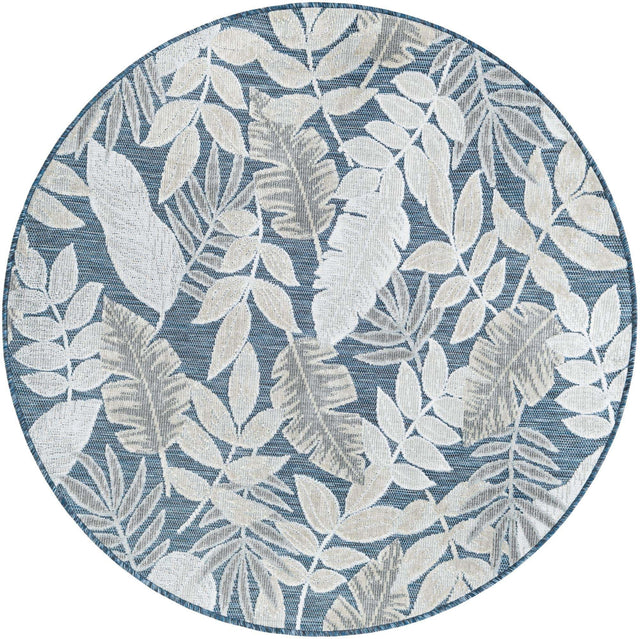 Navy Blue 4' 5 x 4' 5 Outdoor Botanical Round Area Rug Weather Resistant for Patio, Deck, Terrace, Balcony, Porch Polypropylene Garden Floral Tropical Carpet for Sale at Rug Engine