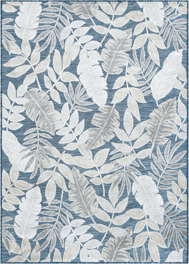 Navy Blue 4' 5 x 6' 1 Outdoor Botanical Rectangle Area Rug Weather Resistant for Patio, Deck, Terrace, Balcony, Porch Polypropylene Garden Floral Tropical Carpet for Sale at Rug Engine