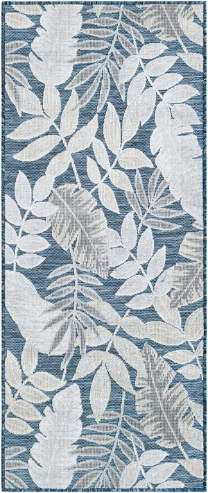 Navy Blue 2' 2 x 5' 3 Outdoor Botanical Runner Area Rug Weather Resistant for Patio, Deck, Terrace, Balcony, Porch Polypropylene Garden Floral Tropical Carpet for Sale at Rug Engine