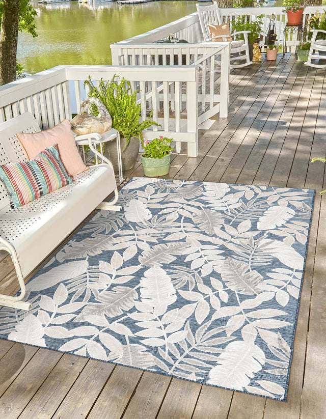 Navy Blue 2' 2 x 3' 1 Outdoor Botanical Rectangle Area Rug Weather Resistant for Patio, Deck, Terrace, Balcony, Porch Polypropylene Garden Floral Tropical Carpet for Sale at Rug Engine