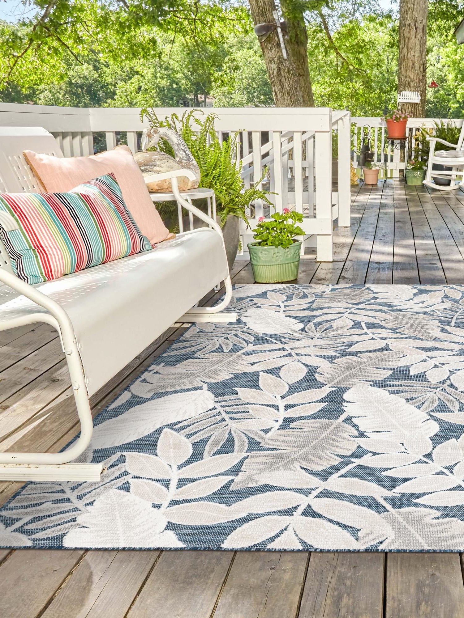 Navy Blue 6' 4 x 9' Outdoor Botanical Rectangle Area Rug Weather Resistant for Patio, Deck, Terrace, Balcony, Porch Polypropylene Garden Floral Tropical Carpet for Sale at Rug Engine