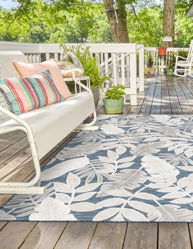 Navy Blue 8' 2 x 10' Outdoor Botanical Rectangle Area Rug Weather Resistant for Patio, Deck, Terrace, Balcony, Porch Polypropylene Garden Floral Tropical Carpet for Sale at Rug Engine