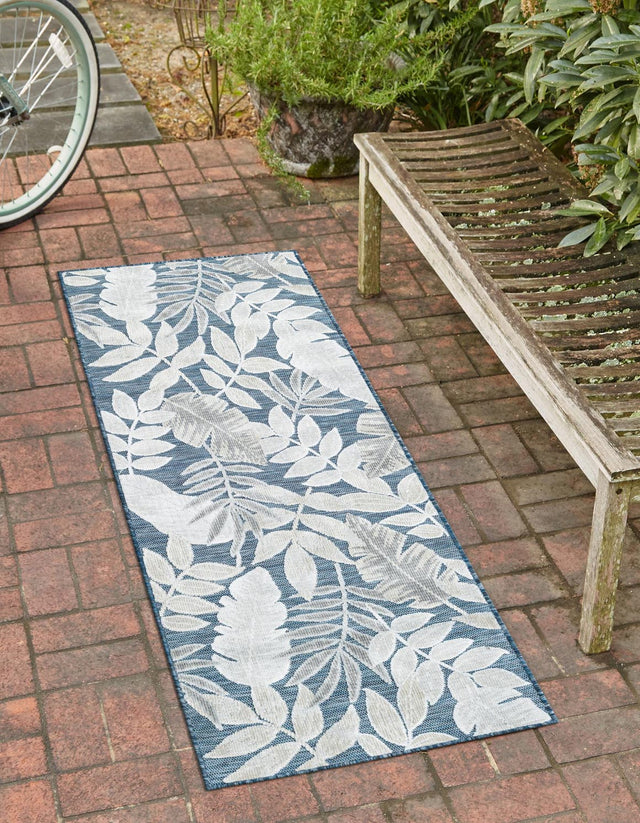 Navy Blue 2' 2 x 8' Outdoor Botanical Runner Area Rug Weather Resistant for Patio, Deck, Terrace, Balcony, Porch Polypropylene Garden Floral Tropical Carpet for Sale at Rug Engine