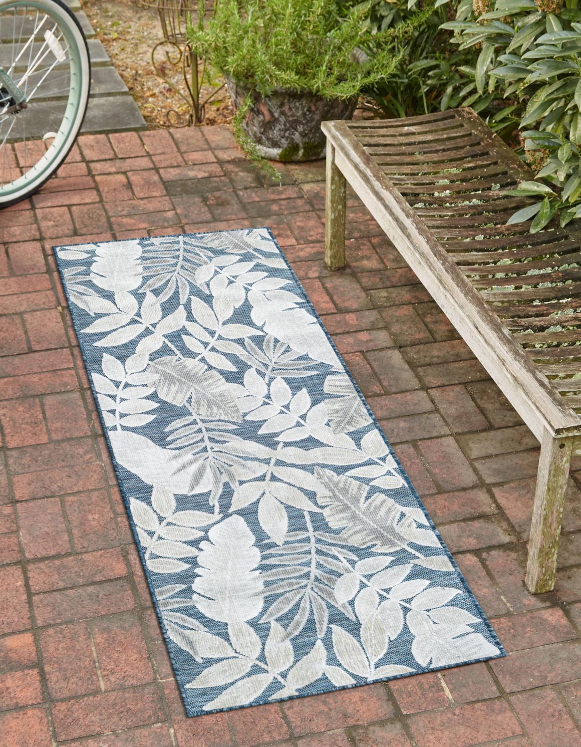 Navy Blue 2' 7 x 12' Outdoor Botanical Runner Area Rug Weather Resistant for Patio, Deck, Terrace, Balcony, Porch Polypropylene Garden Floral Tropical Carpet for Sale at Rug Engine