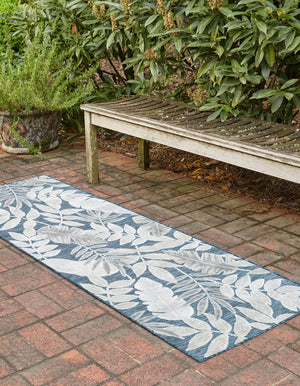 Navy Blue 2' 7 x 12' Outdoor Botanical Runner Area Rug Weather Resistant for Patio, Deck, Terrace, Balcony, Porch Polypropylene Garden Floral Tropical Carpet for Sale at Rug Engine