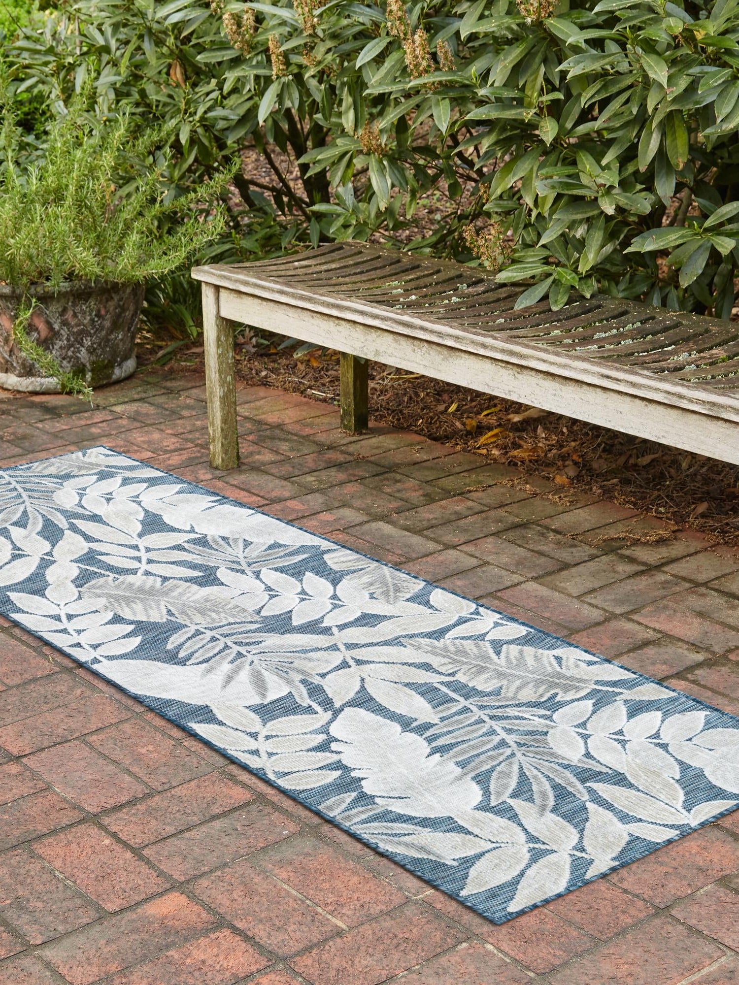 Navy Blue 2' 2 x 6' 1 Outdoor Botanical Runner Area Rug Weather Resistant for Patio, Deck, Terrace, Balcony, Porch Polypropylene Garden Floral Tropical Carpet for Sale at Rug Engine