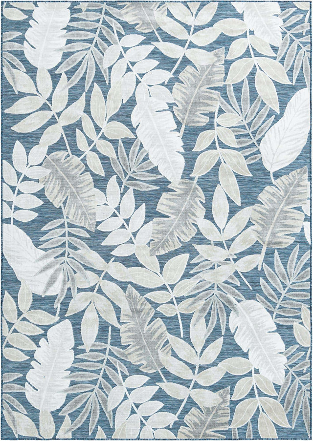 Navy Blue 6' 4 x 9' Outdoor Botanical Rectangle Area Rug Weather Resistant for Patio, Deck, Terrace, Balcony, Porch Polypropylene Garden Floral Tropical Carpet for Sale at Rug Engine