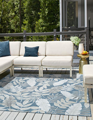 Navy Blue 8' 2 x 8' 2 Outdoor Botanical Square Area Rug Weather Resistant for Patio, Deck, Terrace, Balcony, Porch Polypropylene Garden Floral Tropical Carpet for Sale at Rug Engine