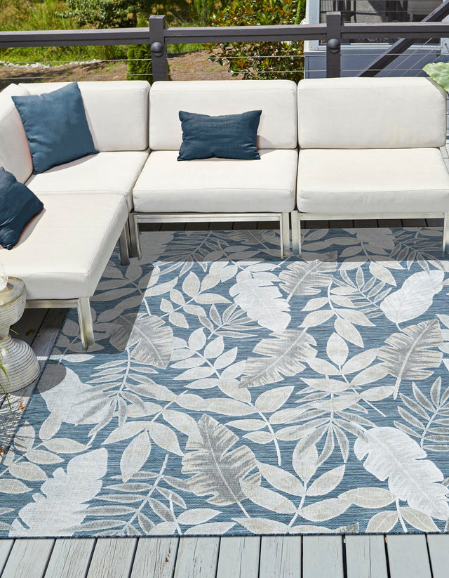 Navy Blue 8' 2 x 8' 2 Outdoor Botanical Square Area Rug Weather Resistant for Patio, Deck, Terrace, Balcony, Porch Polypropylene Garden Floral Tropical Carpet for Sale at Rug Engine