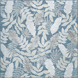 Navy Blue 8' 2 x 8' 2 Outdoor Botanical Square Area Rug Weather Resistant for Patio, Deck, Terrace, Balcony, Porch Polypropylene Garden Floral Tropical Carpet for Sale at Rug Engine