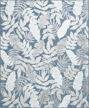 Navy Blue 8' 2 x 10' Outdoor Botanical Rectangle Area Rug Weather Resistant for Patio, Deck, Terrace, Balcony, Porch Polypropylene Garden Floral Tropical Carpet for Sale at Rug Engine