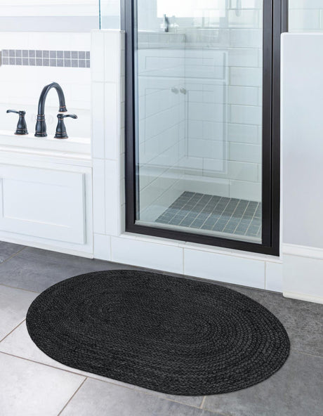 Black 2' 2 x 3' 1 Braided Jute Oval Rug
