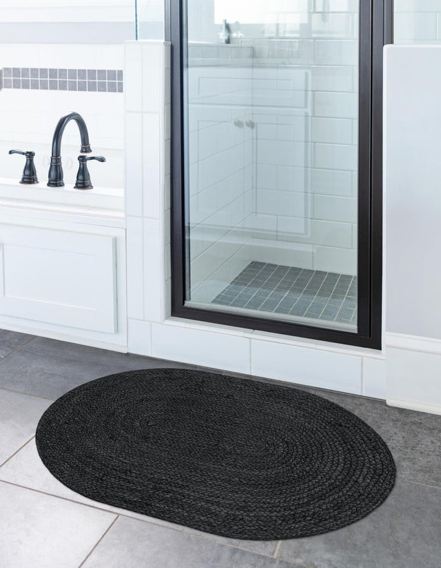 Black 2' 2 x 3' 1 Braided Jute Oval Rug