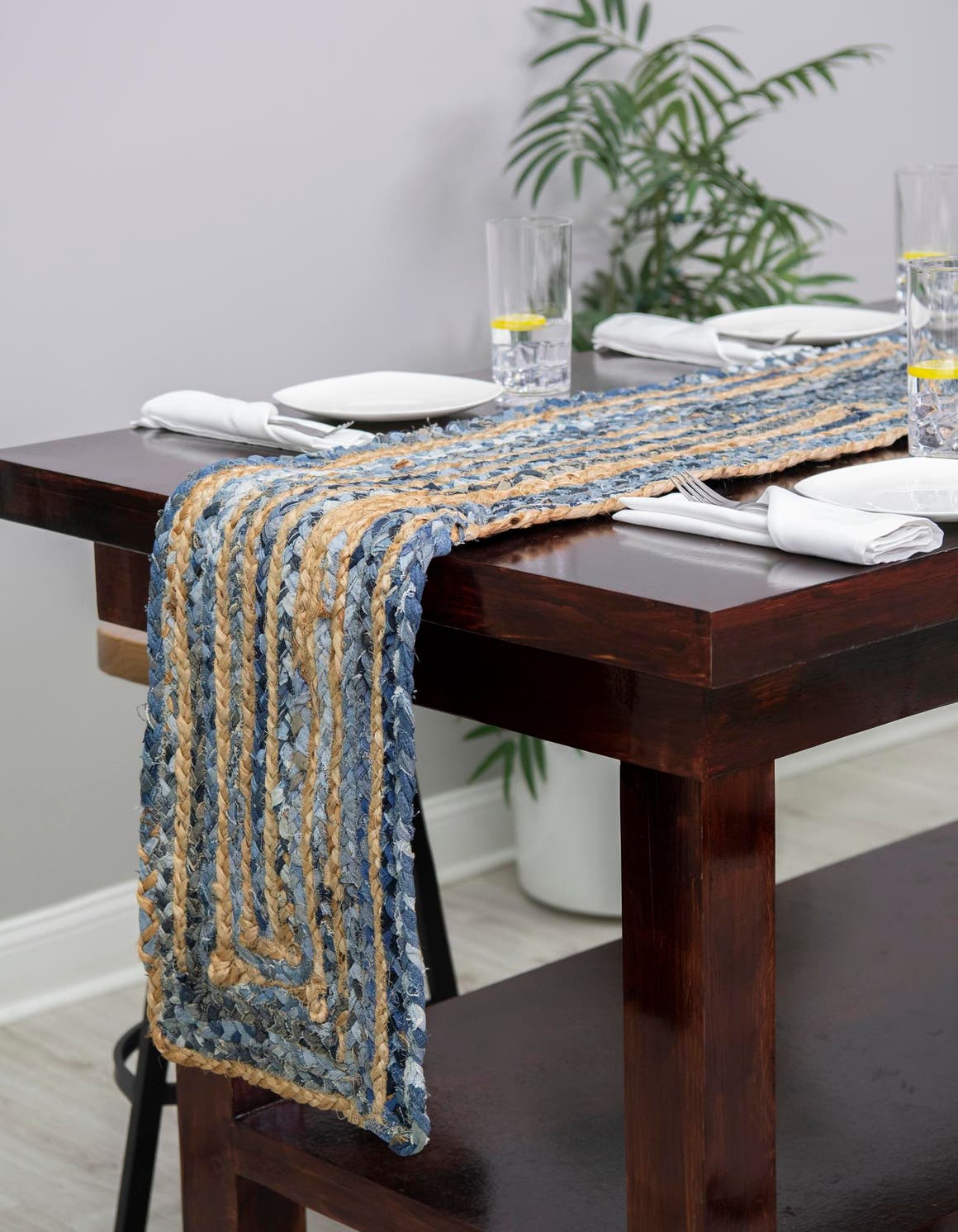 Blue and Natural 1' 2 x 10' Braided Chindi Table Runner Area Rug Decorative Dining Room Kitchen All Natural Material Table Cover 100% Cotton Hand Braided Natural Eco-Friendly Boho Style Modern Carpet for Living Rooms Dining Office Dorm for Sale at Rug Engine