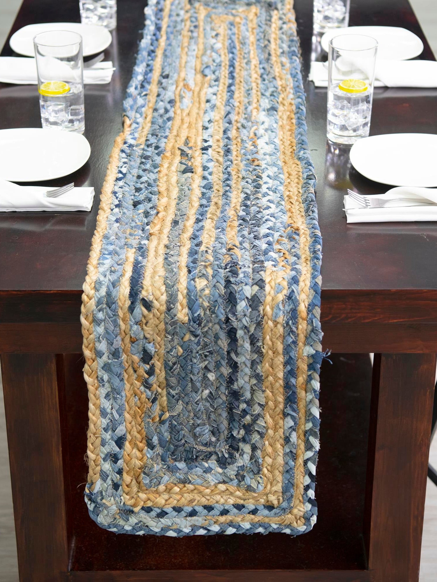 Blue and Natural 1' 2 x 6' 1 Braided Chindi Table Runner Area Rug Decorative Dining Room Kitchen All Natural Material Table Cover 100% Cotton Hand Braided Natural Eco-Friendly Boho Style Modern Carpet for Living Rooms Dining Office Dorm for Sale at Rug Engine