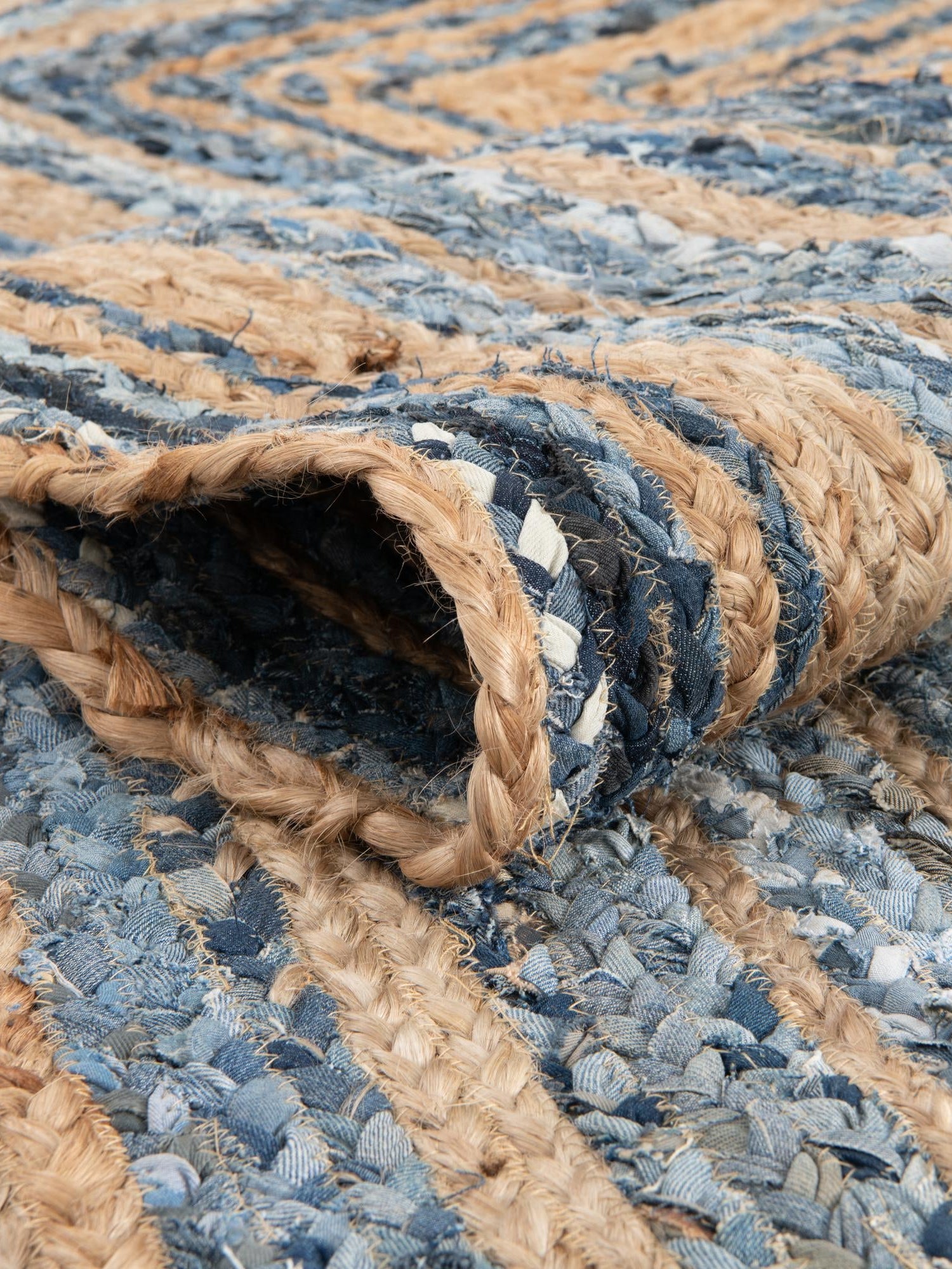 Blue and Natural 1' 2 x 8' Braided Chindi Table Runner Area Rug Decorative Dining Room Kitchen All Natural Material Table Cover 100% Cotton Hand Braided Natural Eco-Friendly Boho Style Modern Carpet for Living Rooms Dining Office Dorm for Sale at Rug Engine