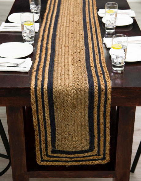Natural and Navy Blue 1' 2 x 8' Braided Jute Table Runner Area Rug Decorative Dining Room Kitchen All Natural Material Table Cover 100% Jute Hand Braided Natural Eco-Friendly Boho Style Carpet for Living Rooms Dining Office Space Dorms for Sale at Rug Engine
