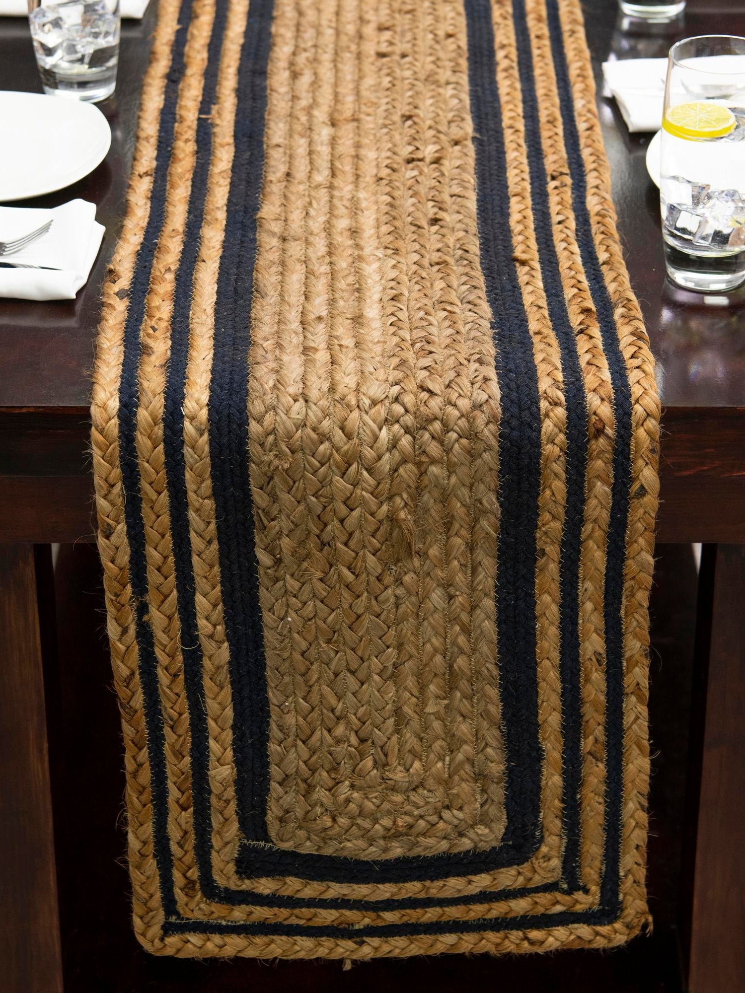Natural and Navy Blue 1' 2 x 6' 1 Braided Jute Table Runner Area Rug Decorative Dining Room Kitchen All Natural Material Table Cover 100% Jute Hand Braided Natural Eco-Friendly Boho Style Carpet for Living Rooms Dining Office Space Dorms for Sale at Rug Engine