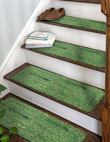 13 pcs Green 0' 9 x 2' 6 Braided Chindi Indoor Stair Treads Accent Area Rug Staircase Set 100% Cotton Hand Braided Natural Eco-Friendly Boho Style Modern Carpet for Living Rooms Dining Office Dorm for Sale at Rug Engine