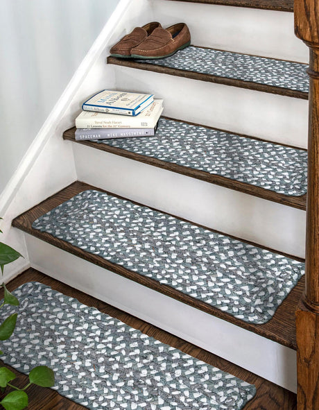 13 pcs Gray 0' 9 x 2' 6 Braided Chindi Indoor Stair Treads Accent Area Rug Staircase Set 100% Cotton Hand Braided Natural Eco-Friendly Boho Style Modern Carpet for Living Rooms Dining Office Dorm for Sale at Rug Engine