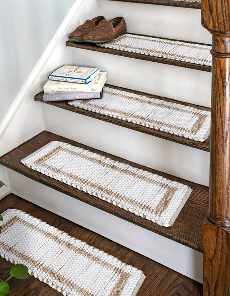 13 pcs White and Natural 0' 9 x 2' 6 Chindi Jute Indoor Stair Treads Accent Area Rug Staircase Set Interior Design Home Decor Carpet Mat for Sale at Rug Engine