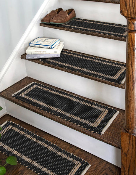 13 pcs Black 0' 9 x 2' 6 Chindi Jute Indoor Stair Treads Accent Area Rug Staircase Set Interior Design Home Decor Carpet Mat for Sale at Rug Engine