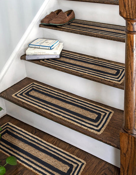 13 pcs Natural and Navy Blue 0' 9 x 2' 6 Braided Jute Indoor Stair Treads Accent Area Rug Staircase Set 100% Jute Hand Braided Natural Eco-Friendly Boho Style Carpet for Living Rooms Dining Office Space Dorms for Sale at Rug Engine