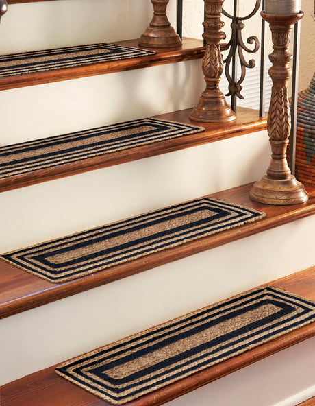 13 pcs Natural and Navy Blue 0' 9 x 2' 6 Braided Jute Indoor Stair Treads Accent Area Rug Staircase Set 100% Jute Hand Braided Natural Eco-Friendly Boho Style Carpet for Living Rooms Dining Office Space Dorms for Sale at Rug Engine