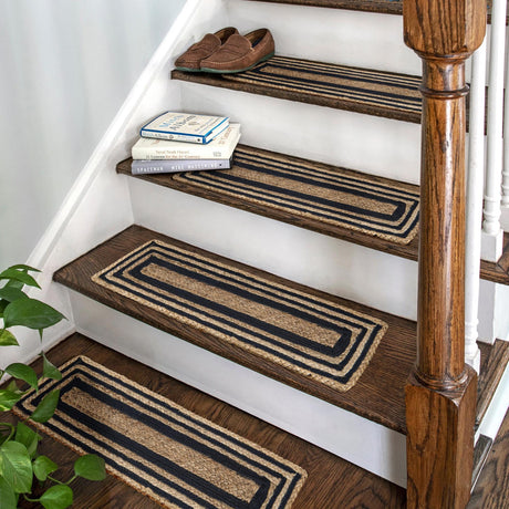 13 pcs Natural and Navy Blue 0' 9 x 2' 6 Braided Jute Indoor Stair Treads Accent Area Rug Staircase Set 100% Jute Hand Braided Natural Eco-Friendly Boho Style Carpet for Living Rooms Dining Office Space Dorms for Sale at Rug Engine