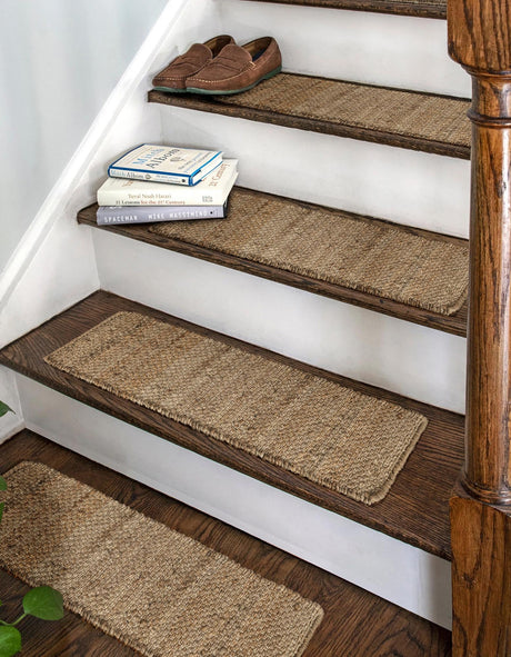 13 pcs Natural 0' 9 x 2' 6 Chunky Jute Indoor Stair Treads Accent Area Rug Staircase Set 100% All Natural Jute Sustainable Eco-Friendly Carpet Mat for Natural Interior Design Homes for Sale at Rug Engine