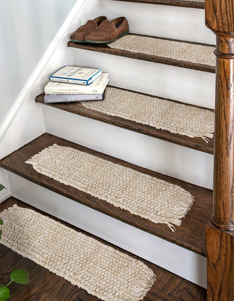13 pcs Ivory 0' 9 x 2' 6 Chunky Jute Indoor Stair Treads Accent Area Rug Staircase Set 100% All Natural Jute Sustainable Eco-Friendly Carpet Mat for Natural Interior Design Homes for Sale at Rug Engine