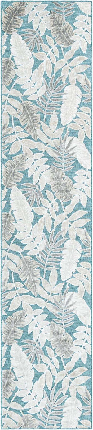 Light Blue 2' 7 x 12' Outdoor Botanical Runner Area Rug Weather Resistant for Patio, Deck, Terrace, Balcony, Porch Polypropylene Garden Floral Tropical Carpet for Sale at Rug Engine