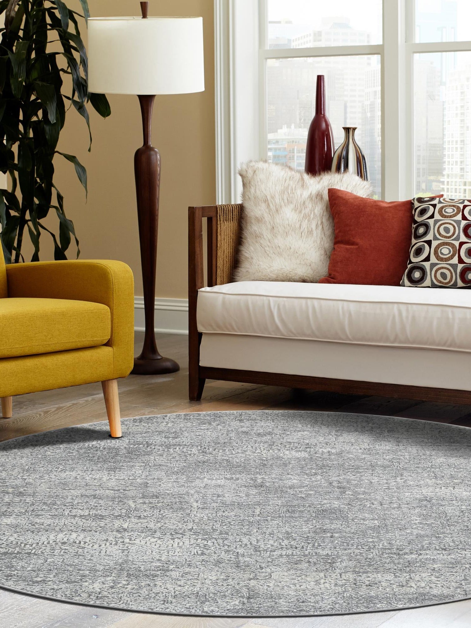 Gray 3' 3 x 3' 3 Finsbury Round Area Rug 60% Polypropylene & 40% Polyester Contemporary Carpet for Living Rooms, Dining, Offices for Sale at Rug Engine