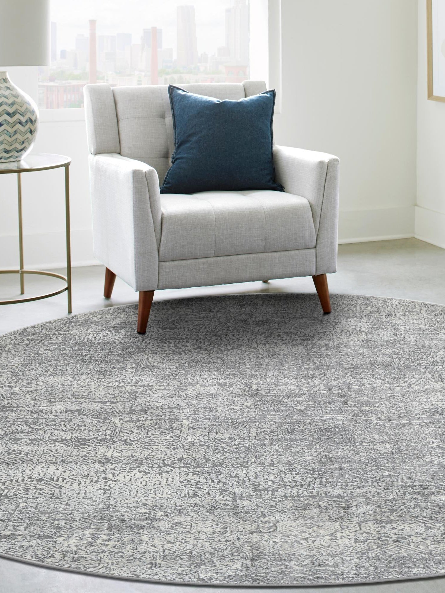 Gray 6' x 6' Finsbury Round Area Rug 60% Polypropylene & 40% Polyester Contemporary Carpet for Living Rooms, Dining, Offices for Sale at Rug Engine