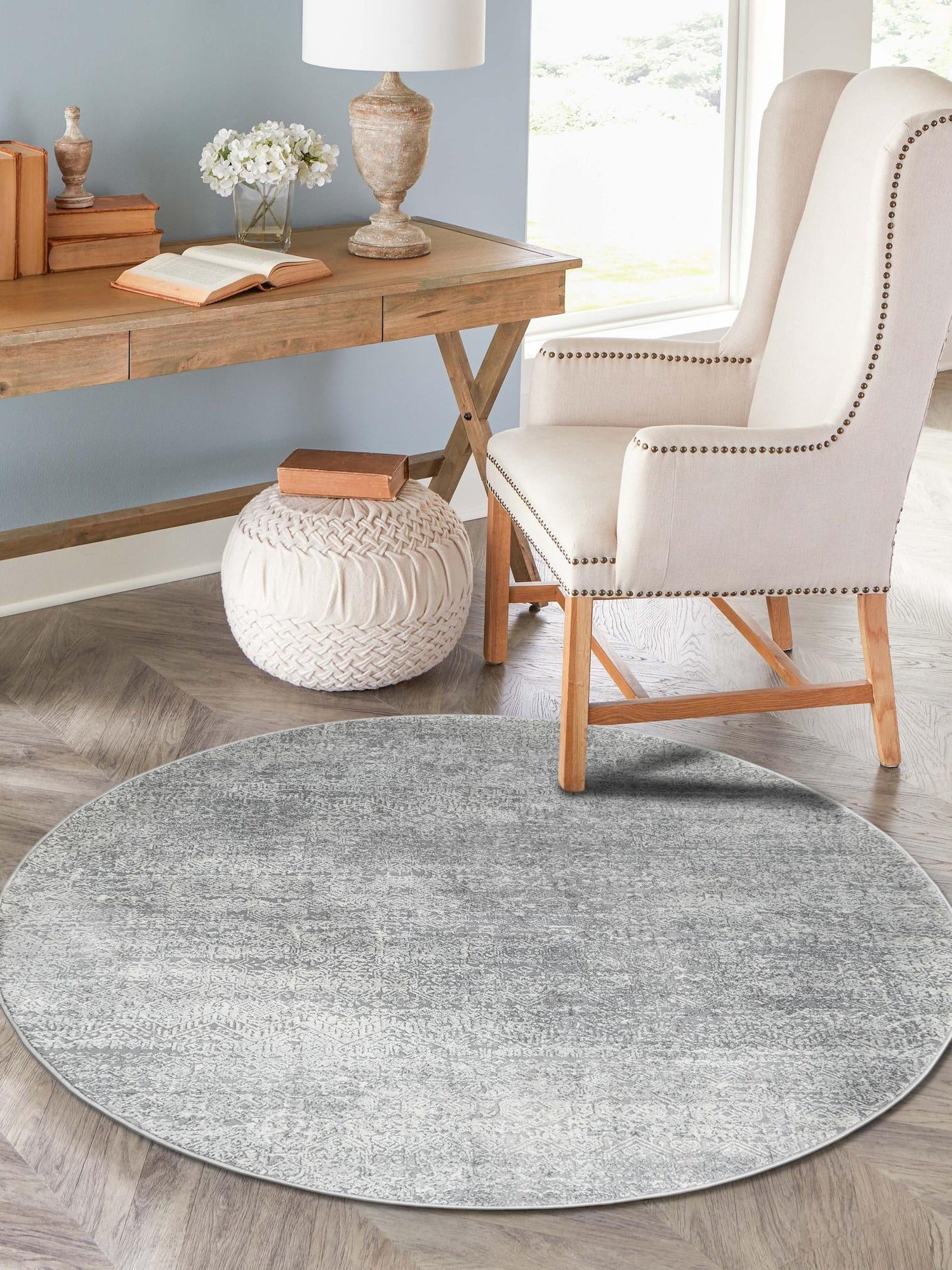 Gray 3' 3 x 3' 3 Finsbury Round Area Rug 60% Polypropylene & 40% Polyester Contemporary Carpet for Living Rooms, Dining, Offices for Sale at Rug Engine