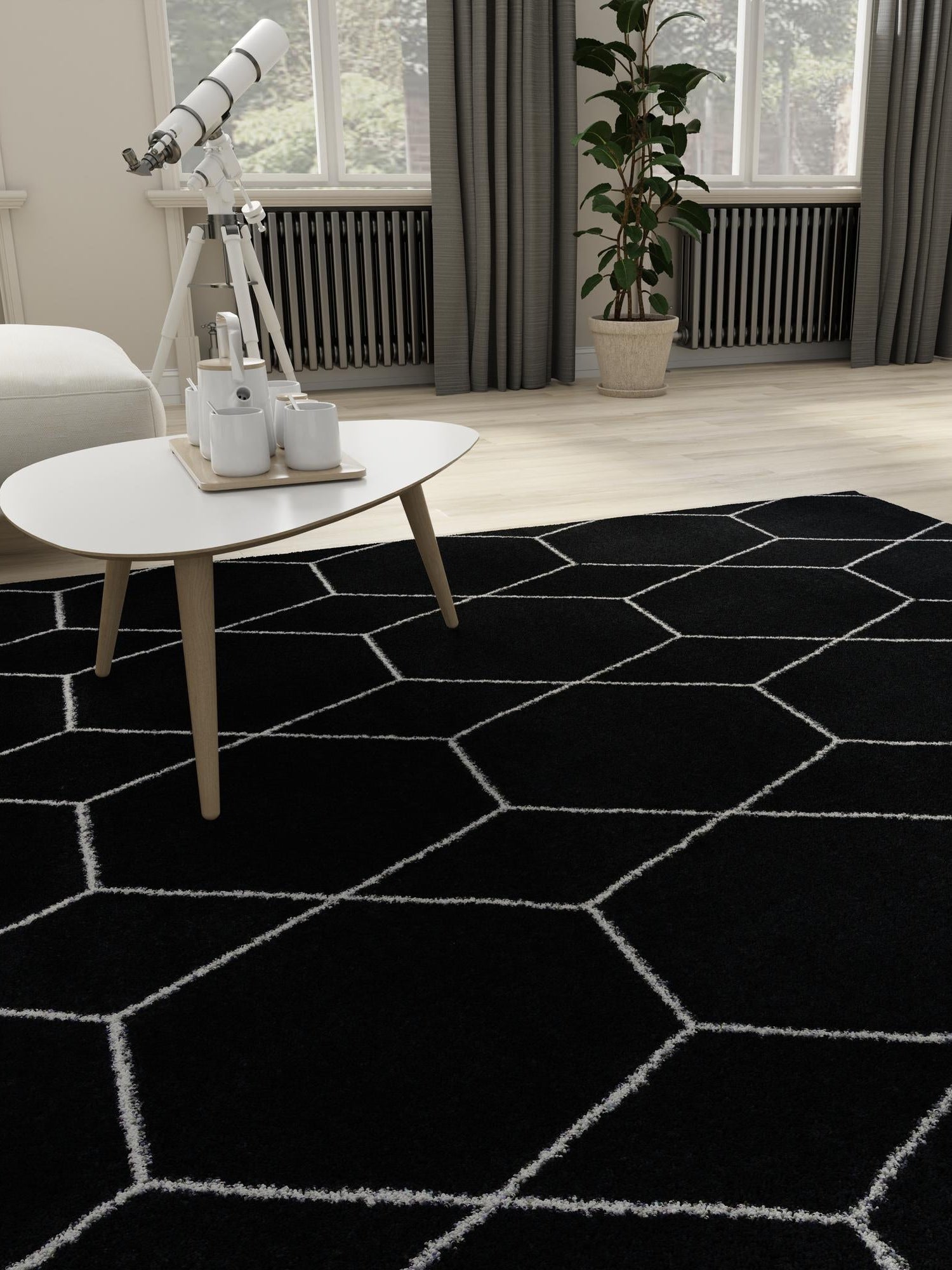 Black 7' 10 x 7' 10 Trellis Frieze Square Area Rug Geometric Modern Unique Stain Resistant Easy Clean Carpet for Living, Dining, Bedrooms, Office for Sale at Rug Engine