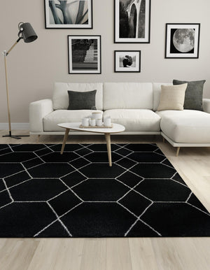 Black 10' x 10' Trellis Frieze Square Area Rug Geometric Modern Unique Stain Resistant Easy Clean Carpet for Living, Dining, Bedrooms, Office for Sale at Rug Engine