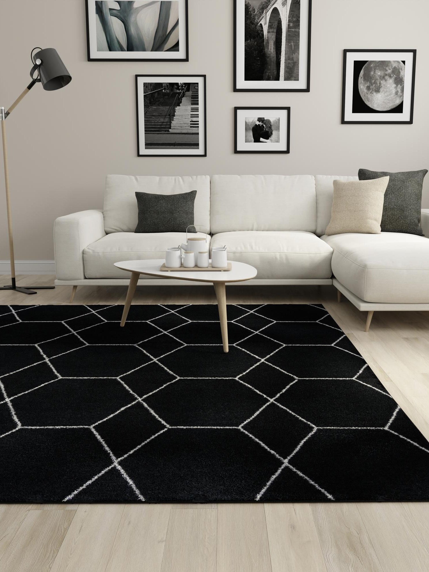 Black 5' 3 x 5' 3 Trellis Frieze Square Area Rug Geometric Modern Unique Stain Resistant Easy Clean Carpet for Living, Dining, Bedrooms, Office for Sale at Rug Engine