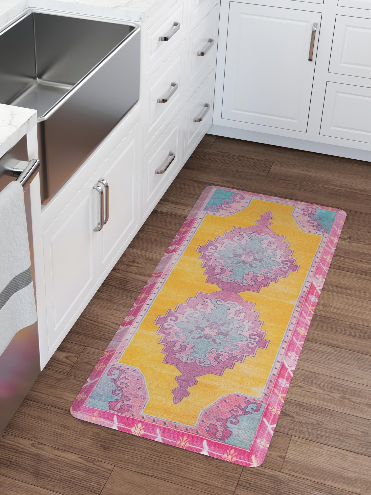 Anti-Fatigue Sunburst Yellow and Pink 2' x 3' Comfort Standing Mat  for Kitchen, Bath, Laundry Room, Office Colorful PVC Durable Non-Slip Water Resistant Spill Proof Rug Thick Rubber for Sale at Rug Engine