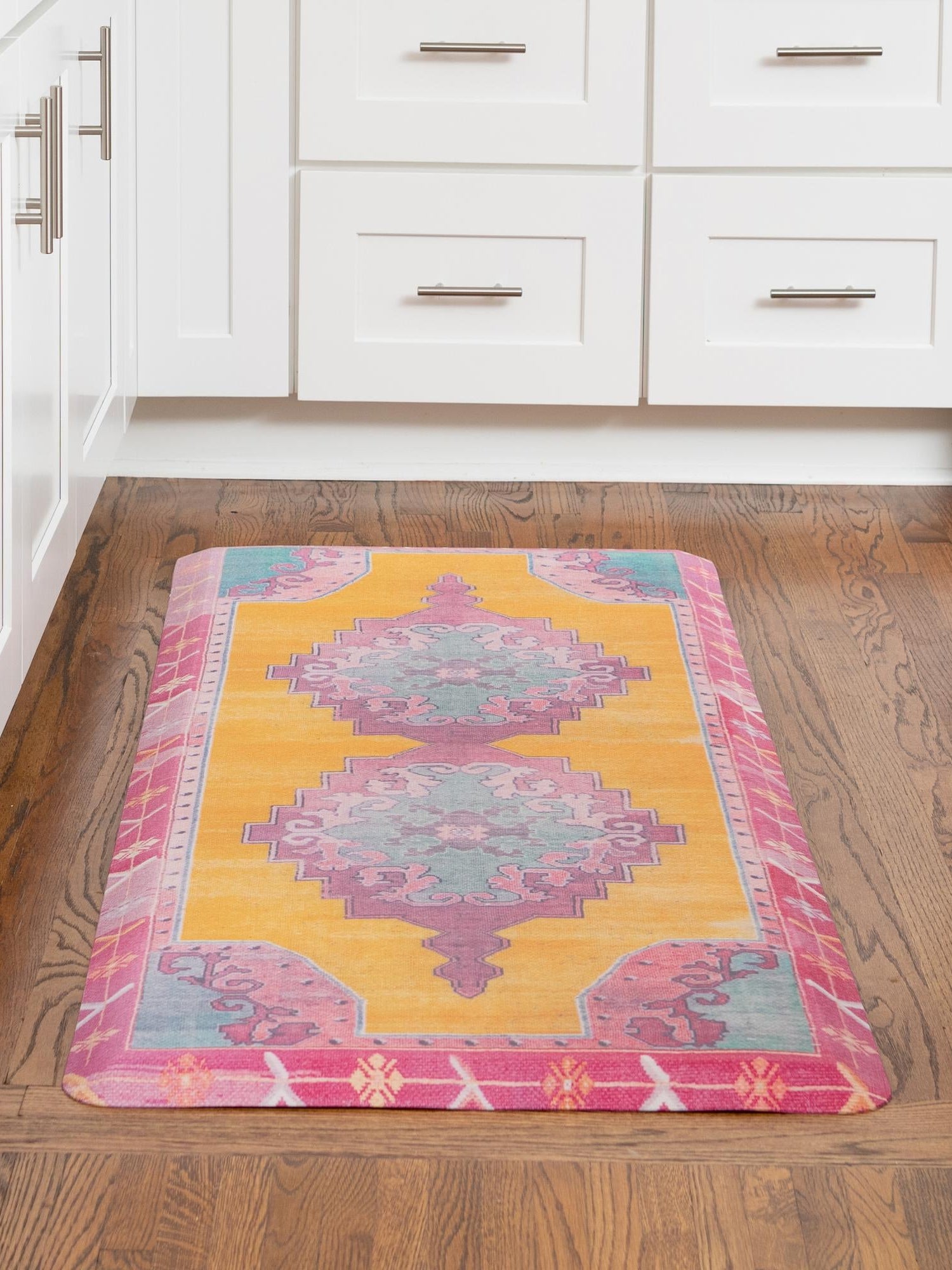 Anti-Fatigue Sunburst Yellow and Pink 2' x 3' Comfort Standing Mat  for Kitchen, Bath, Laundry Room, Office Colorful PVC Durable Non-Slip Water Resistant Spill Proof Rug Thick Rubber for Sale at Rug Engine